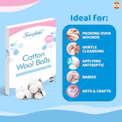 Cotton Wool Balls Pack of 200 Soft & Gentle Pure Cotton Wound Padding & Crafts - Highly Absorbent, Non-Cling, Comes in Resealable Hygienic Storage Bag