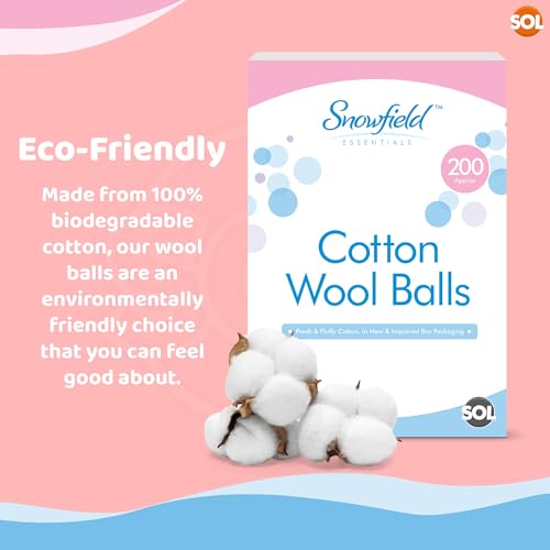 Cotton Wool Balls Pack of 200 Soft & Gentle Pure Cotton Wound Padding & Crafts - Highly Absorbent, Non-Cling, Comes in Resealable Hygienic Storage Bag