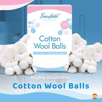 Cotton Wool Balls Pack of 200 Soft & Gentle Pure Cotton Wound Padding & Crafts - Highly Absorbent, Non-Cling, Comes in Resealable Hygienic Storage Bag